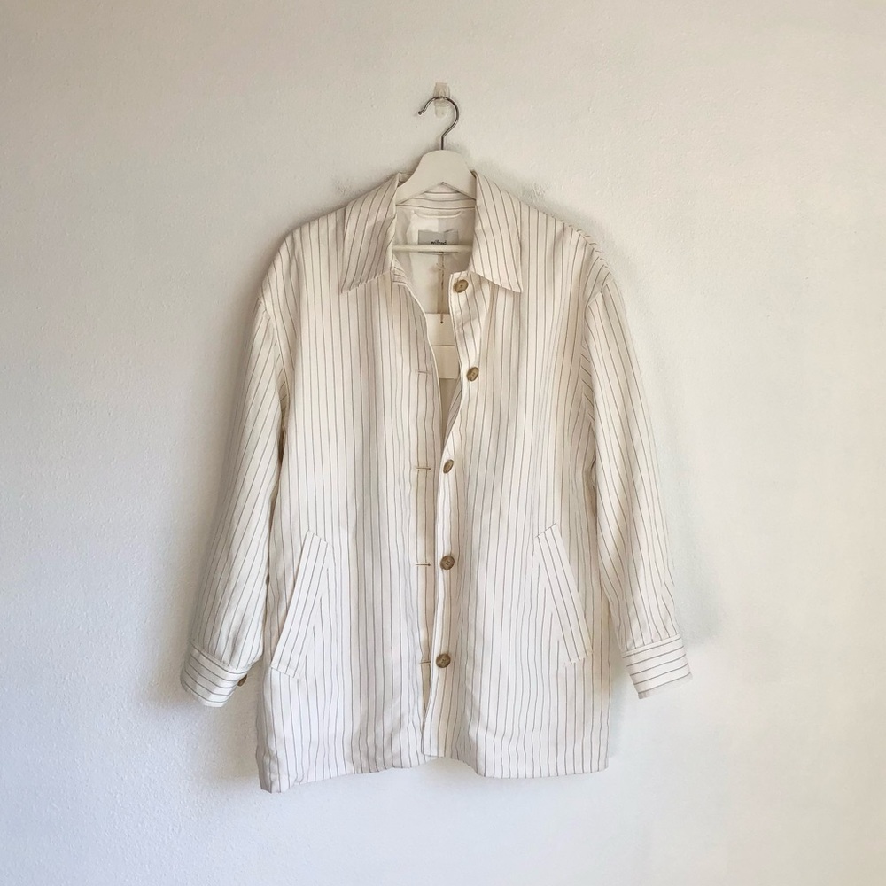 NWT Aritzia Wilfred CruiseLinen Merchant Jacket | White Taupe Stripe, Size 4